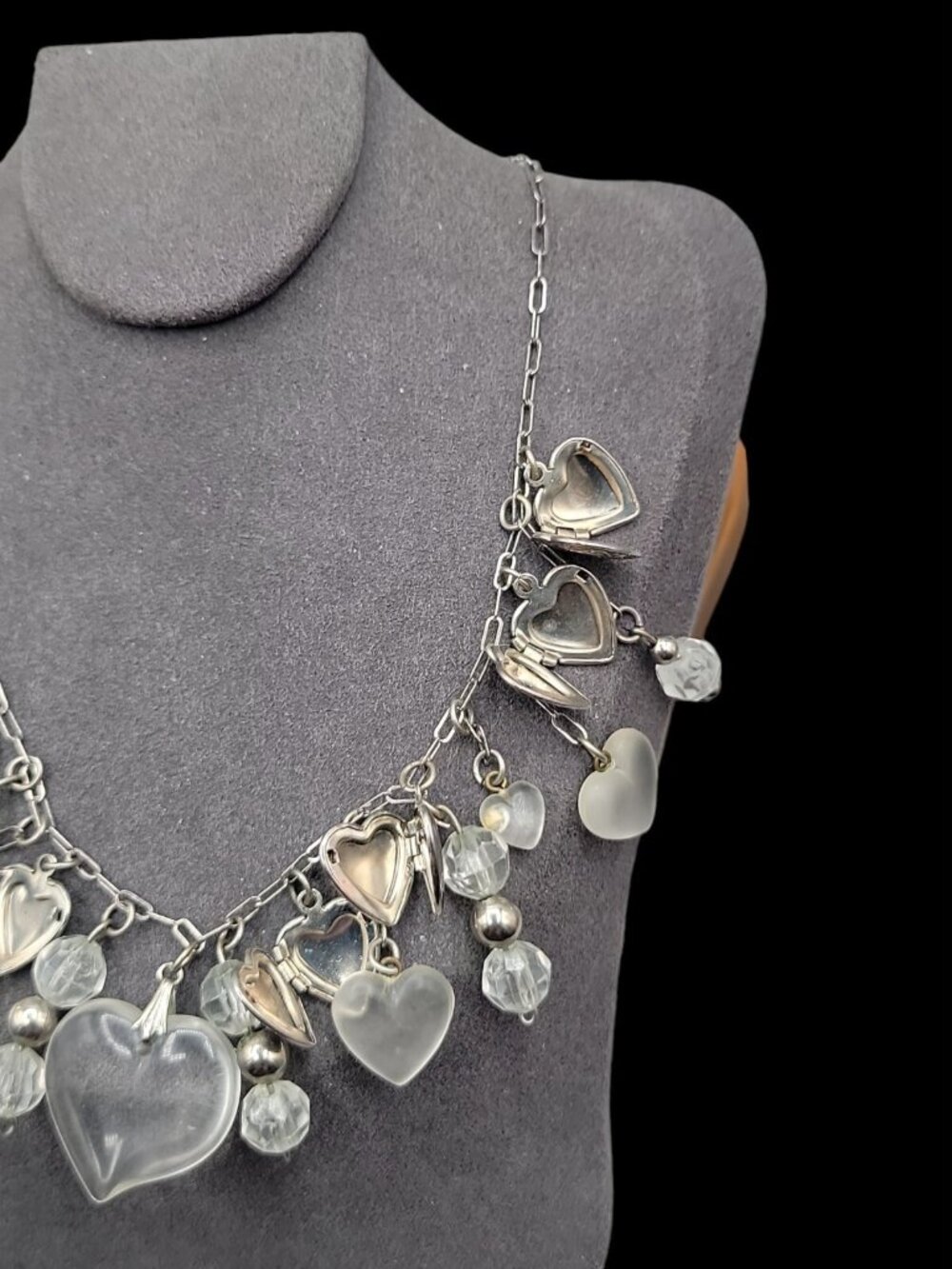 Love Choker Necklace 16" Frost Glass 8 Silver Plated Double Photo Locket Charms - Picture 3 of 15